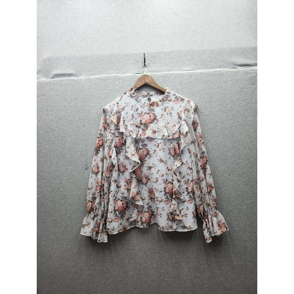 Rachel Parcell Floral Ruffle Blouse Womens L Polyester/Spandex Long Sleeve Butto